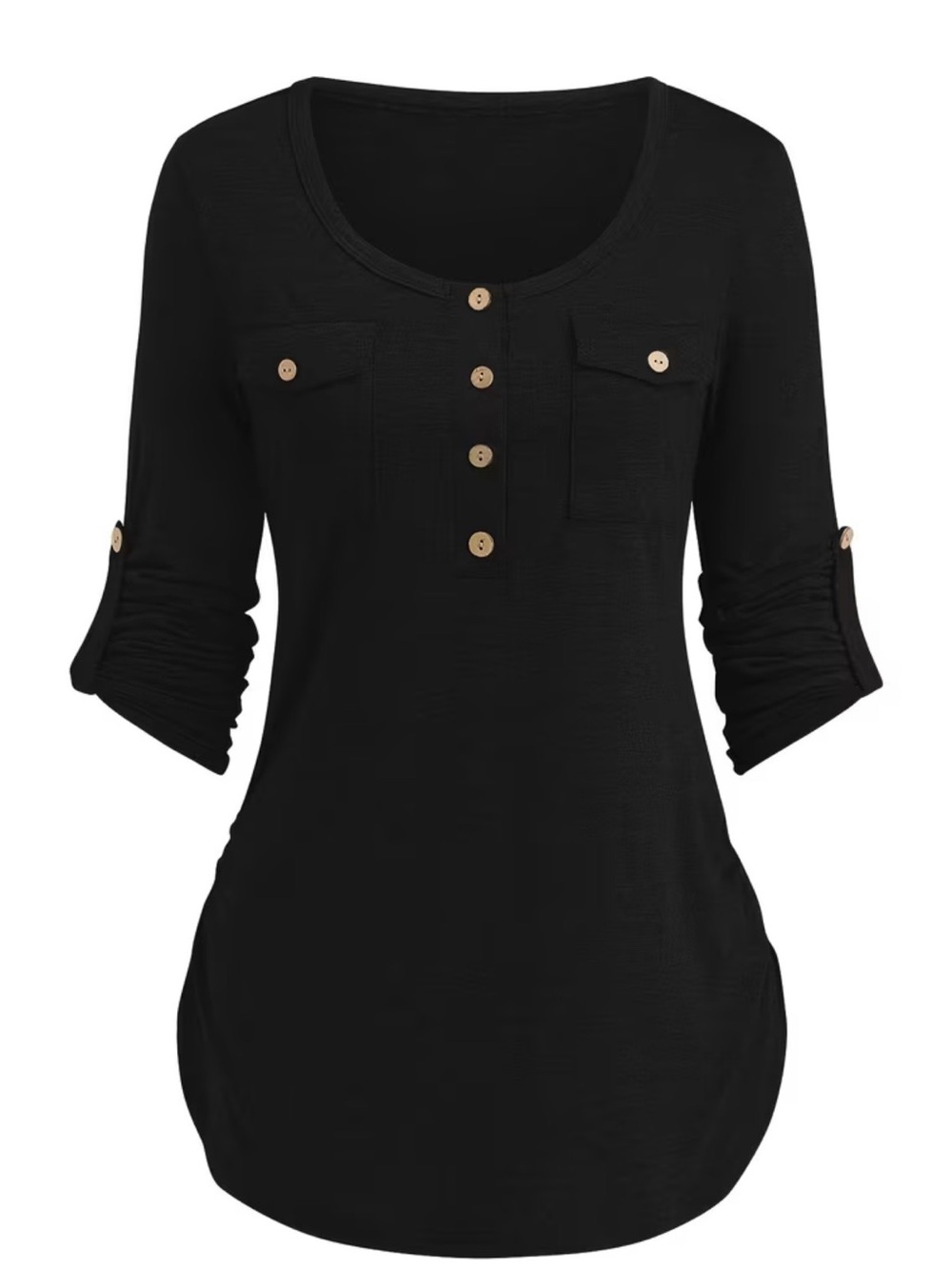 Black Women's Henley Button Sleeve Top